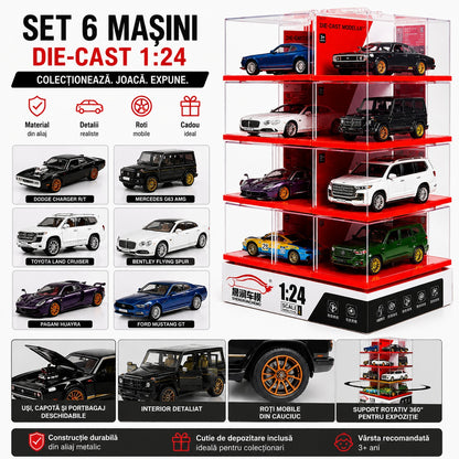 Set 6 masinute metalice scara 1:24 cu lumini si sunete set display modular rotativ