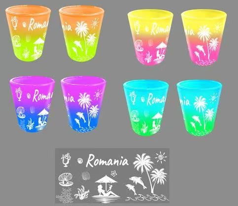 Set 6 pahare de plastic multicolore pentru suveniruri, model litoral, 7 cm