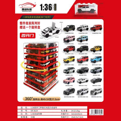 Set 64 masinute metalice dispuse pe stand rotativ , scara 1:36, lumini si sunete