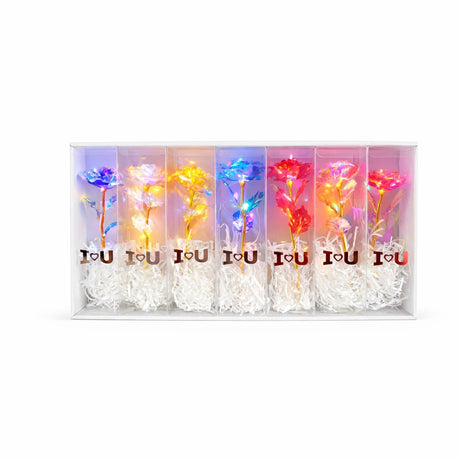 Set 7 flori artificiale cu LED si baterii incluse, ambalaj cadou I Love U, 26 x 7 cm