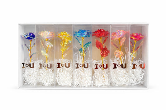Set 7 flori artificiale cu LED si baterii incluse, ambalaj cadou I Love U, 26 x 7 cm