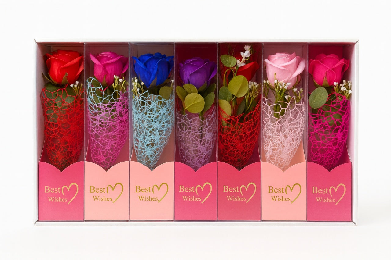 Set 7 trandafiri decorativi cu LED, in cutie Best Wishes, 26x7 cm, cadou elegant