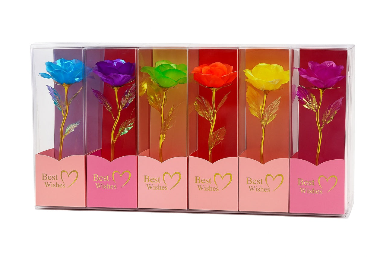 Set 7 trandafiri holografici cu LED, Best Wishes, multicolor, 26x7 cm, cadou elegant