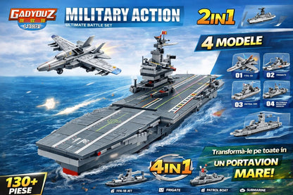 Set 8 jocuri constructie vehicule militare interconectabile, 4 modele, 109-120 piese