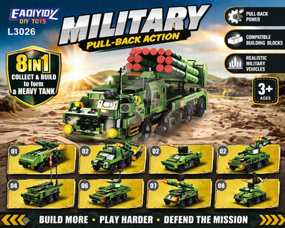 Set 8 jocuri constructie vehicule militare interconectabile, modele multiple, copii