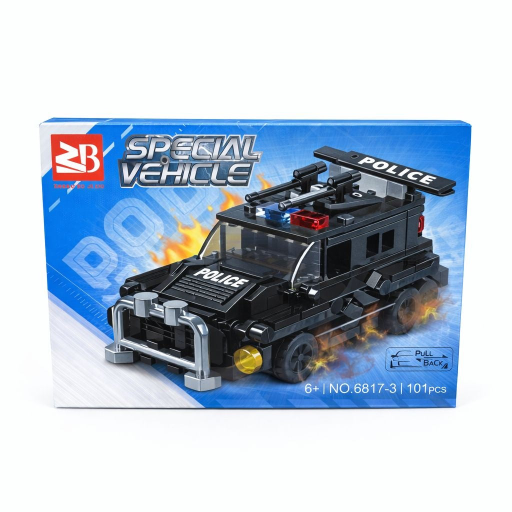 Set 8 jocuri constructie vehicule politie copii, modele diferite, 71-113 piese