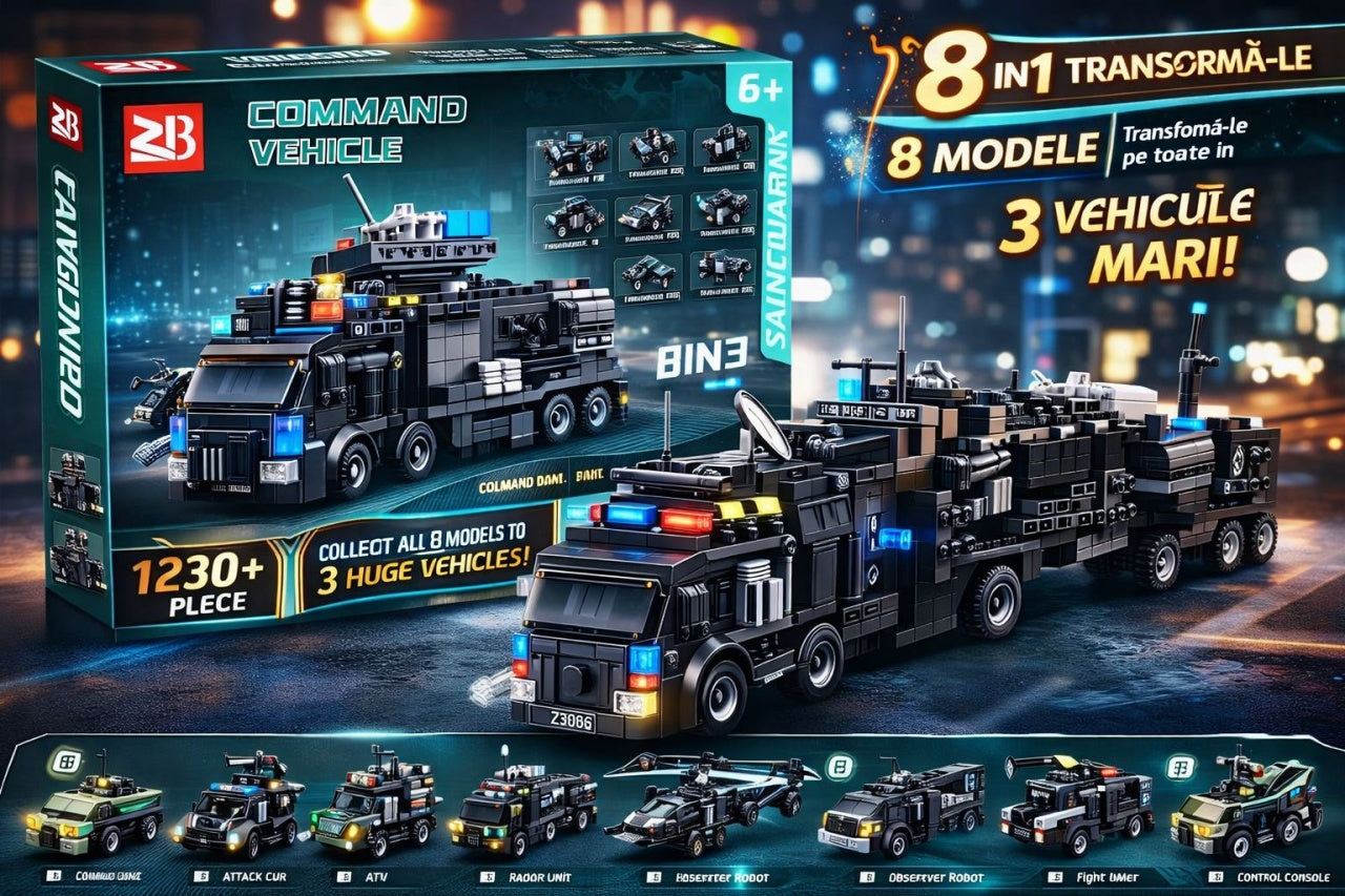 Set 8 jocuri constructie vehicule politie interconectabile, modele multiple, copii 6+