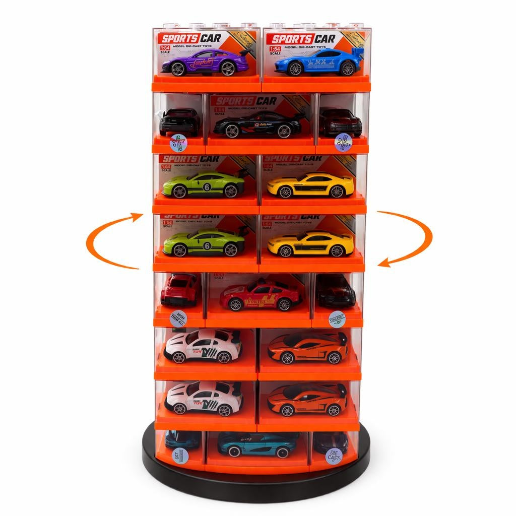 Set 96 masinute metalice dispuse pe stand rotativ, carcase modulare, 63 cm