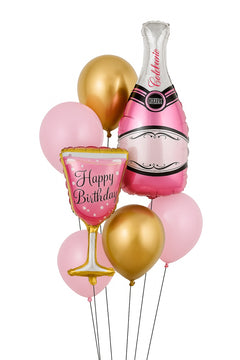 Set aranjament baloane Happy Birthday, sticla sampanie si pahar, 8 piese