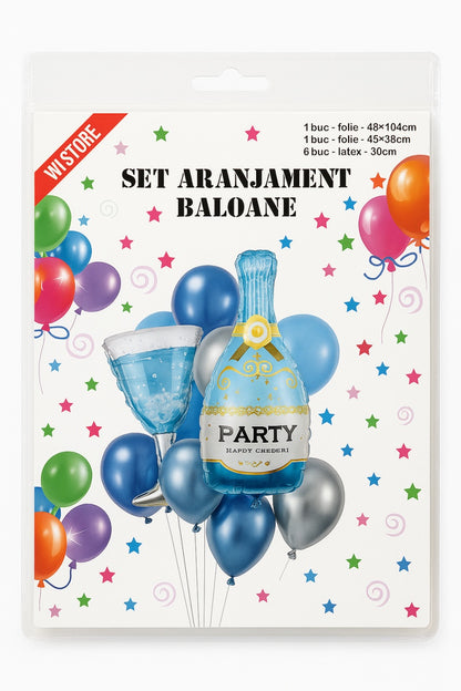 Set aranjament baloane party albastru , folie si latex, decor aniversar
