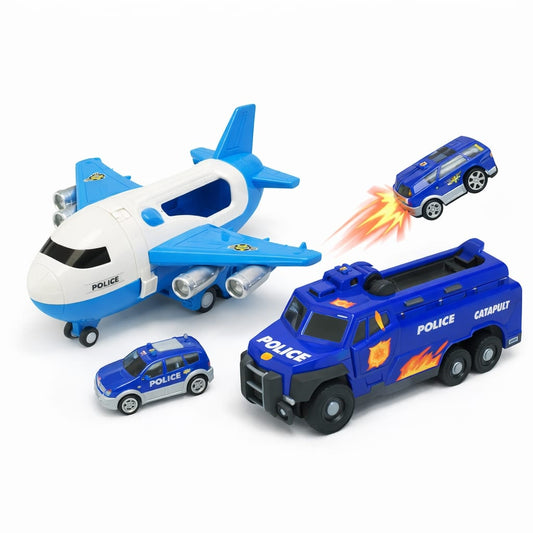Set avion transport cu camion politie si rampa lansare, jucarie copii