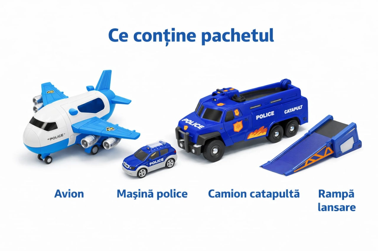 Set avion transport cu camion politie si rampa lansare, jucarie copii