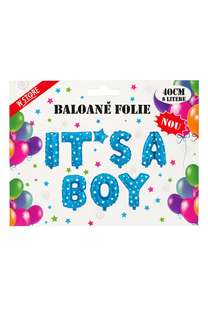 Set baloane folie IT S A BOY albastru 40 cm, 8 litere, decor botez si gender reveal