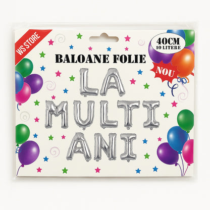 Set baloane folie LA MULTI ANI, argintiu, 40 cm, 10 litere, decor aniversar