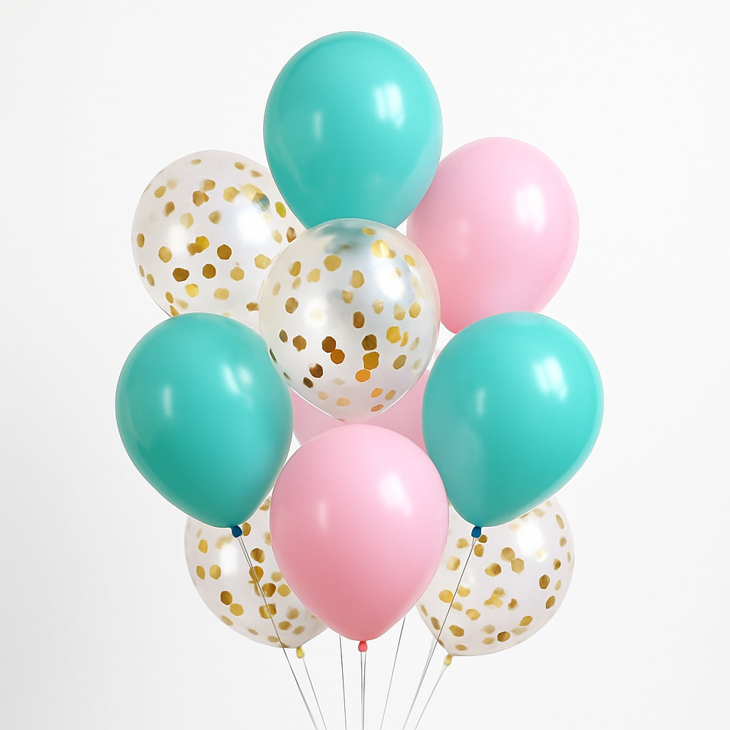 Set baloane latex 9 buc, 30 cm, multicolor cu confetti, accesorii incluse
