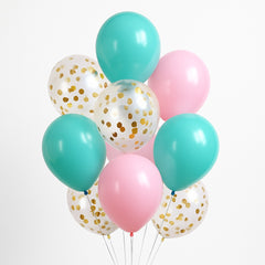 Set baloane latex 9 buc, 30 cm, multicolor cu confetti, accesorii incluse