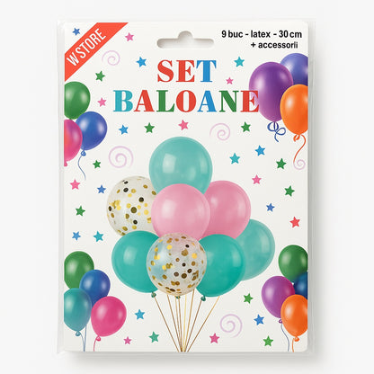 Set baloane latex 9 buc, 30 cm, multicolor cu confetti, accesorii incluse