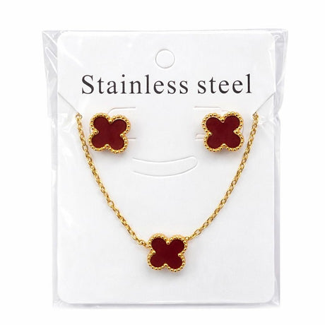 Set bijuterii Roxé auriu cu trifoi bordo, colier si cercei eleganti
