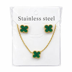 Set bijuterii Roxé auriu cu trifoi verde, colier si cercei eleganti