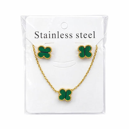 Set bijuterii Roxé auriu cu trifoi verde, colier si cercei eleganti