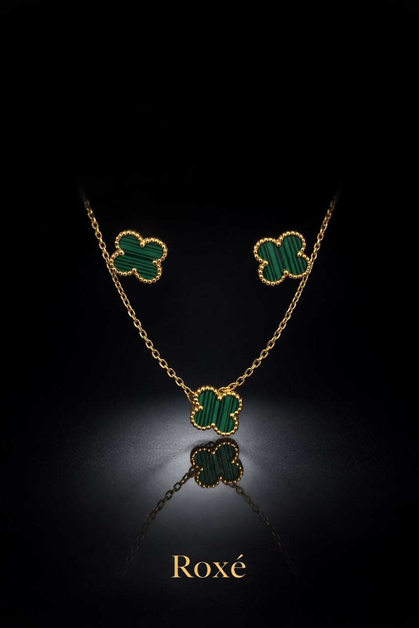 Set bijuterii Roxé auriu cu trifoi verde, colier si cercei eleganti
