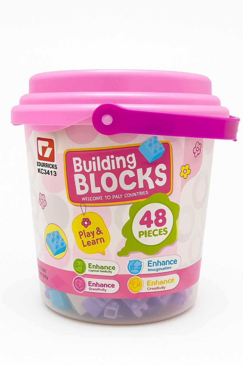 Set Blocuri de Construit Building Blocks , 48 Piese , Galetusa din Plastic, 18x17cm