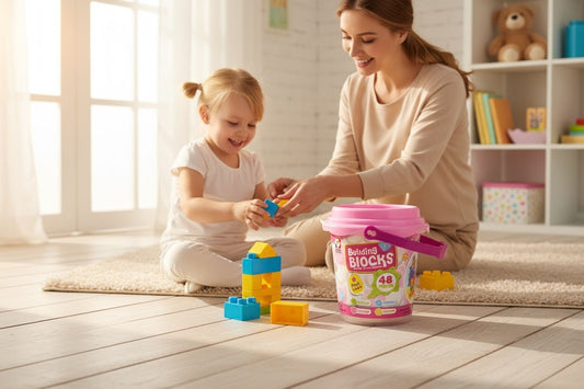 Set Blocuri de Construit Building Blocks , 48 Piese , Galetusa din Plastic, 18x17cm