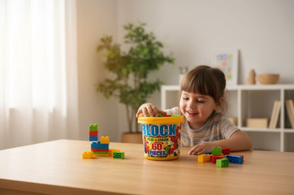 Set Blocuri de Construit Play Learn , 60 Piese , Galetusa din Plastic, 13x13cm