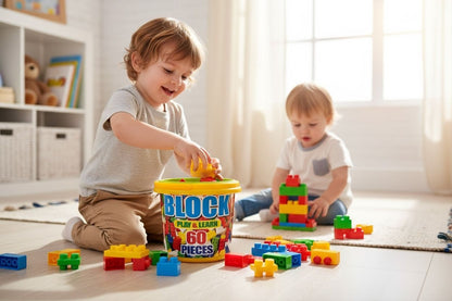 Set Blocuri de Construit Play Learn , 60 Piese , Galetusa din Plastic, 13x13cm