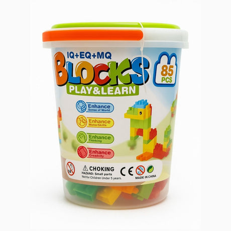 Set Blocuri de Construit Play Learn , 85 Piese , Galetusa din Plastic , Dimensiuni Mari , 23.5x23cm