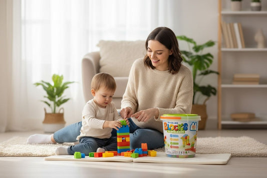 Set Blocuri de Construit Play Learn , 85 Piese , Galetusa din Plastic , Dimensiuni Mari , 23.5x23cm