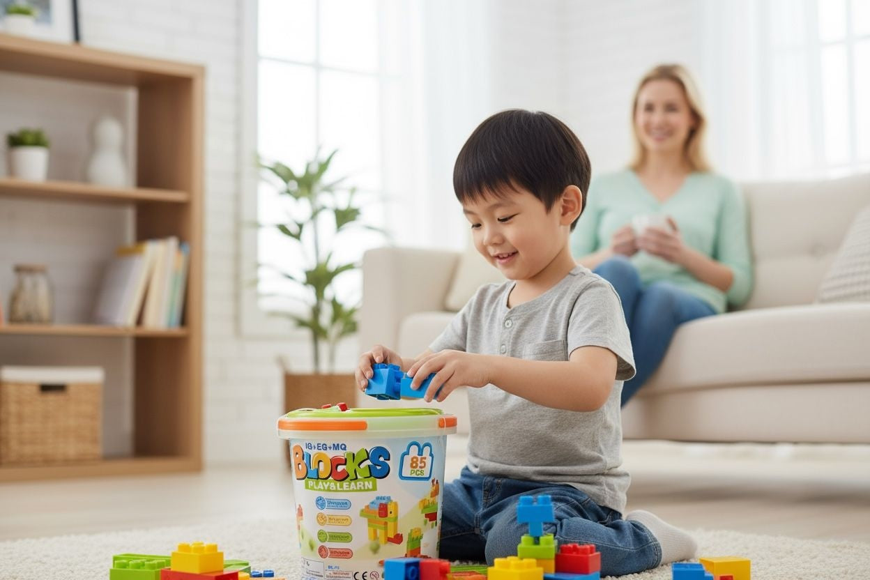 Set Blocuri de Construit Play Learn , 85 Piese , Galetusa din Plastic , Dimensiuni Mari , 23.5x23cm