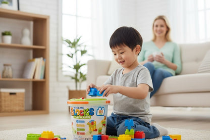 Set Blocuri de Construit Play Learn , 85 Piese , Galetusa din Plastic , Dimensiuni Mari , 23.5x23cm