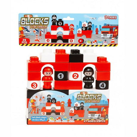 Set Blocuri de Construit , Tematica Pompieri , 29 Piese, 20x20cm