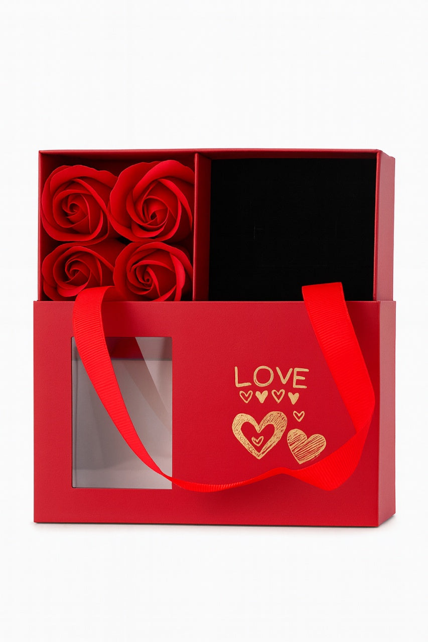 Set cadou cu 6 trandafiri de sapun rosii, cutie tip poseta cu fereastra, 15x9.5x5 cm