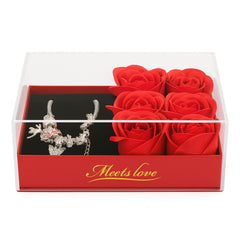 Set cadou cu 6 trandafiri din sapun si bratara, cutie eleganta cu capac transparent, 14x9x5 cm