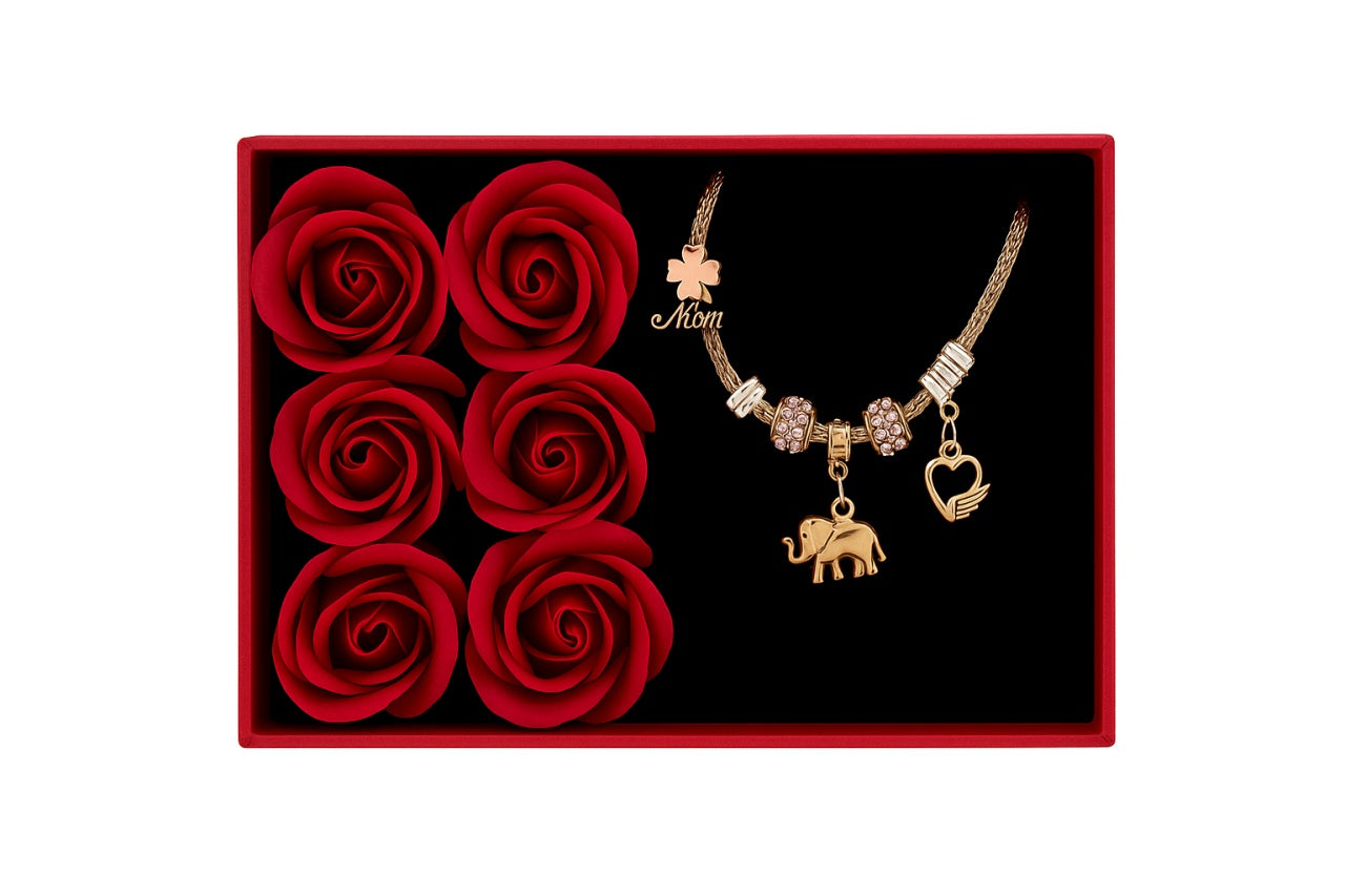 Set Cadou Luxury cu 6 Trandafiri din Sapun si Bratara Surprise, +PUNGA Love Forever