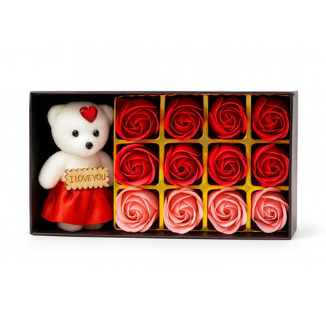 Set Cadou Luxury Ursulet I Love You cu 12 Trandafiri din Sapun, Cutie Eleganta, 22x11x5 cm