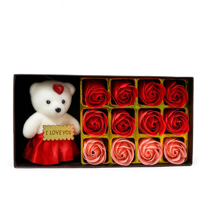 Set Cadou Luxury Ursulet I Love You cu 12 Trandafiri din Sapun, Cutie Eleganta, 22x11x5 cm