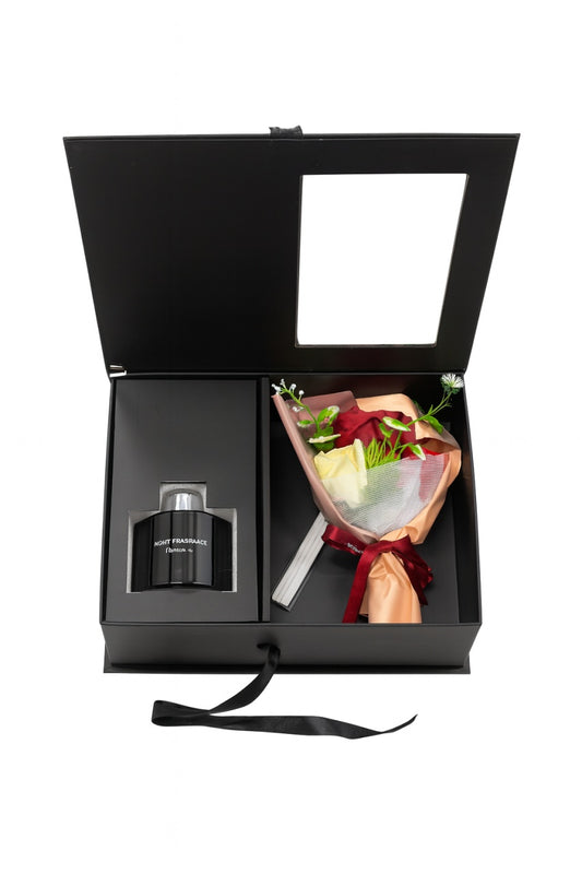 Set cadou premium 25x19x9.5 cm cu flori decorative si difuzor parfum, cutie eleganta + punga