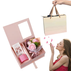 Set cadou premium roz 25x19x9.5 cm cu flori decorative si difuzor parfum, cutie eleganta + punga