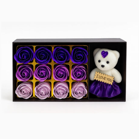 Set Cadou Ursulet I Love You cu 12 Trandafiri din Sapun Mov, Cutie Premium, 22X11X5CM