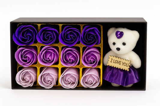 Set Cadou Ursulet I Love You cu 12 Trandafiri din Sapun Mov, Cutie Premium, 22X11X5CM