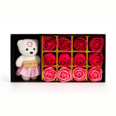 Set Cadou Ursulet I Love You cu 12 Trandafiri din Sapun Roz, Cutie Premium, 22X11X5CM