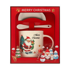 Set Cana Ceramica cu Lingurita si Farfuriuta, Tematica de Craciun, in Cutie Cadou , 17.5x15x9cm