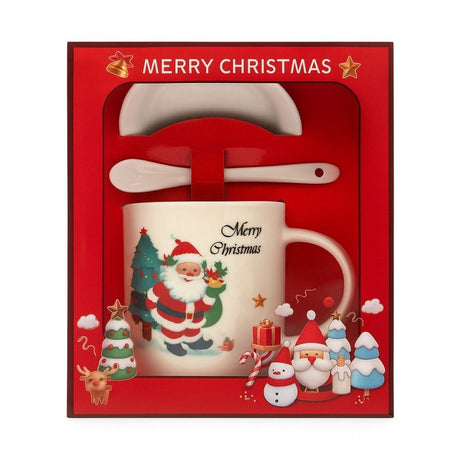 Set Cana Ceramica cu Lingurita si Farfuriuta, Tematica de Craciun, in Cutie Cadou , 17.5x15x9cm