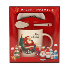 Set Cana Ceramica cu Lingurita si Farfuriuta, Tematica de Craciun, in Cutie Cadou , 17.5x15x9cm