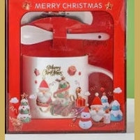 Set Cana Ceramica cu Lingurita si Farfuriuta, Tematica de Craciun, in Cutie Cadou , 17.5x15x9cm