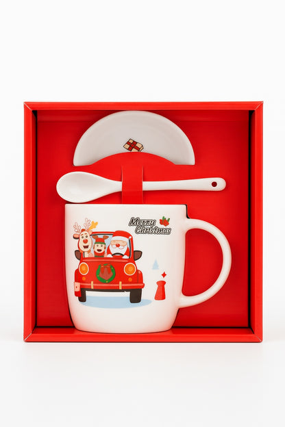 Set Cana Ceramica cu Lingurita si Farfuriuta, Tematica de Craciun, in Cutie Cadou , 17.5x15x9cm