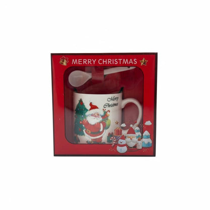 Set Cana Ceramica cu Lingurita, Tematica de Craciun, in Cutie Cadou , 14x14x8.5cm